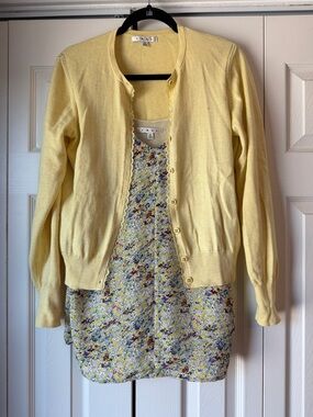 CAbi #277 & #275 Pale Yellow Button-Front Cardigan with Floral Shell